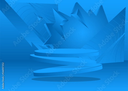 Fototapeta Naklejka Na Ścianę i Meble -  Abstract Blue Mockup product display. Realistic vector 3D room, cylinder pedestal podium. Stage showcase for presentation. Futuristic Sci-fi minimal geometric forms, empty scene.