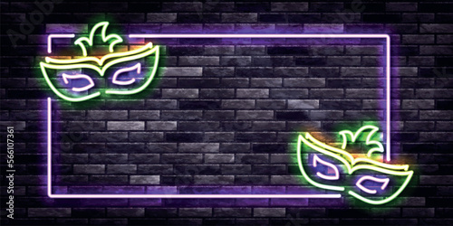 Vector realistic isolated neon sign of Mardi Gras frame on the wall background.