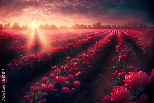 A wide field full of red roses for Valentine's Day, love, partnership, romance created with generative ai technology photo