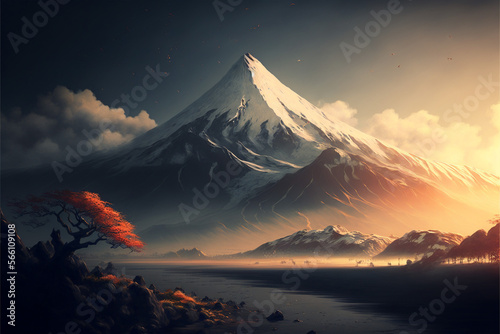 Japanese fantasy Fuji mountain landscape illustration.