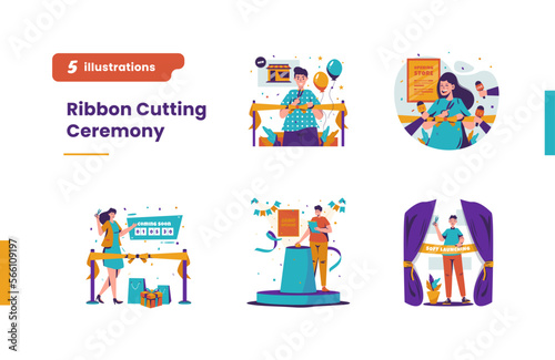 Ribbon cutting ceremony illustration collection set