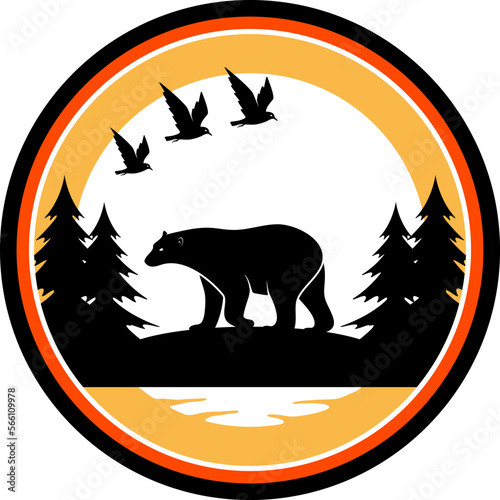 Fotografi Circle shape with bear and birth and pine