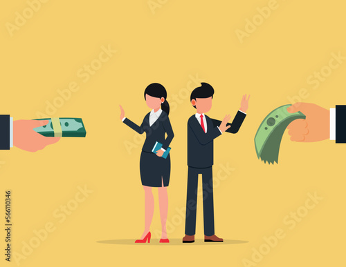 Rejection or refusal concept. Business man and woman refusing bribes offered for corporate corruption