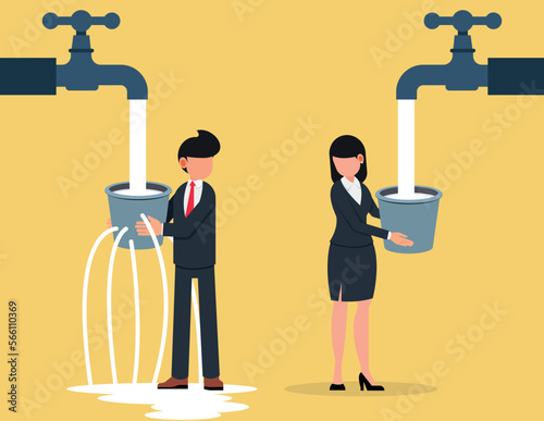 Contrast between financial. Business man and woman with leaking bucket.