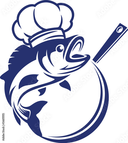 Bass fish with chef hat and fry pan