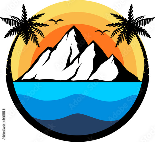 Circle shape with mountain and palm tree