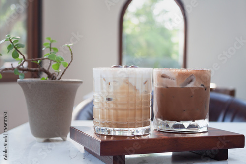 Iced coffee with micro foam in coffee shop