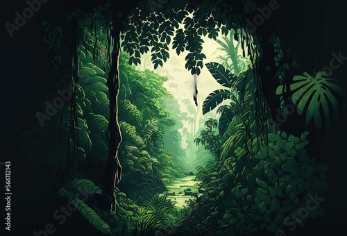 Lush green jungle with vines
