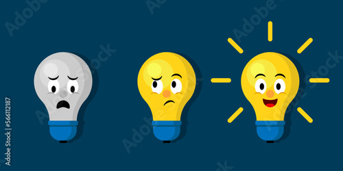 Emoticons light bulb with rays shine. Cute flat light bulb emoticon icon set. Cartoon style. Flat style. Symbol of creativity, innovation, inspiration, invention and idea. Vector illustration