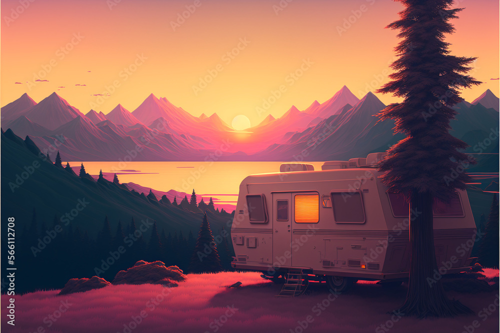 Camping Urlaub, camping in the woods, campsite with trailer and campfire, landscape in retro style, Generative AI