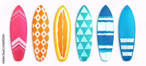 Surfing board vector set. Surfboard summer elements in colorful pattern design isolated in white background. Vector illustration summer surfing board elements collection.
 photo