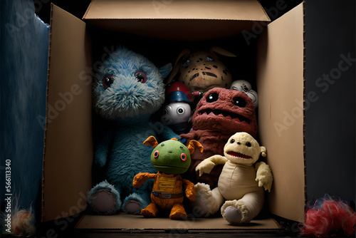 Scary halloween style toys in an abandoned box in the attic or the basement. Not appropriate for kids. photo
