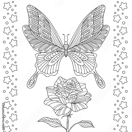 Canvas Print Elegant butterfly with rose romantic line art