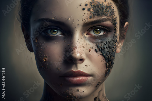 A portrait of a beautiful young woman (Ai generated) with colors and textures on her face, looking like scars but made of dye, makeup, coal and gold, beauty model photo