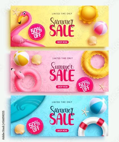 Summer sale vector banner set. Summer sale text with 50% off limited promo offer for flyers, brochure and ads. Vector illustration summer banner advertisement.
