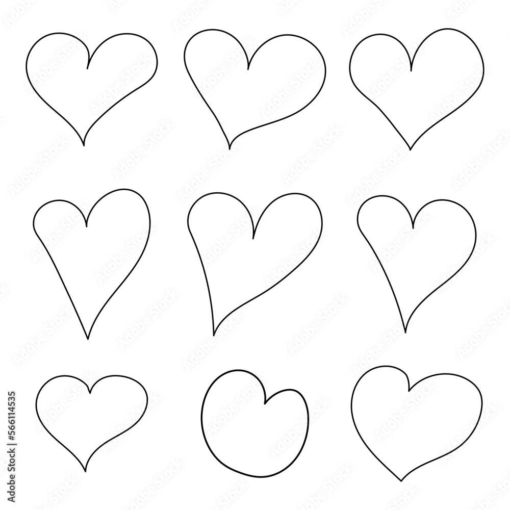 Set of nine hand drawn heart. Handdrawn rough marker hearts isolated on white background. 