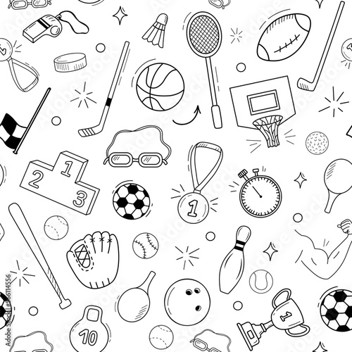 Seamless pattern with hand drawn doodle sports icons. Monochrome background. Basketball, baseball, tennis, golf and bowling.