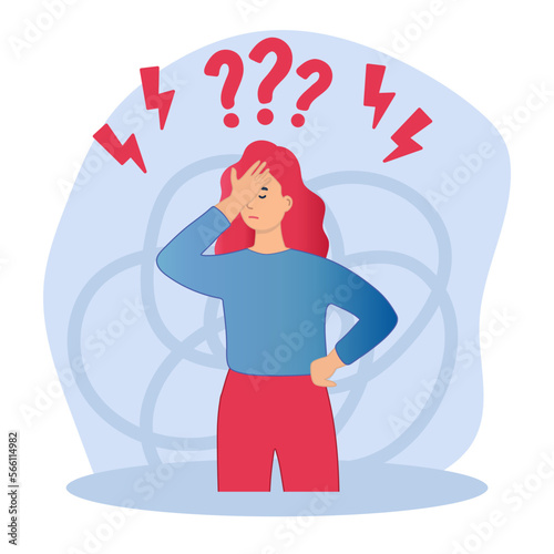 Dizzy with worries. A young woman is dizzy with problems. Woman thinks about something and looks at question marks yes or no. Vector illustration. 
