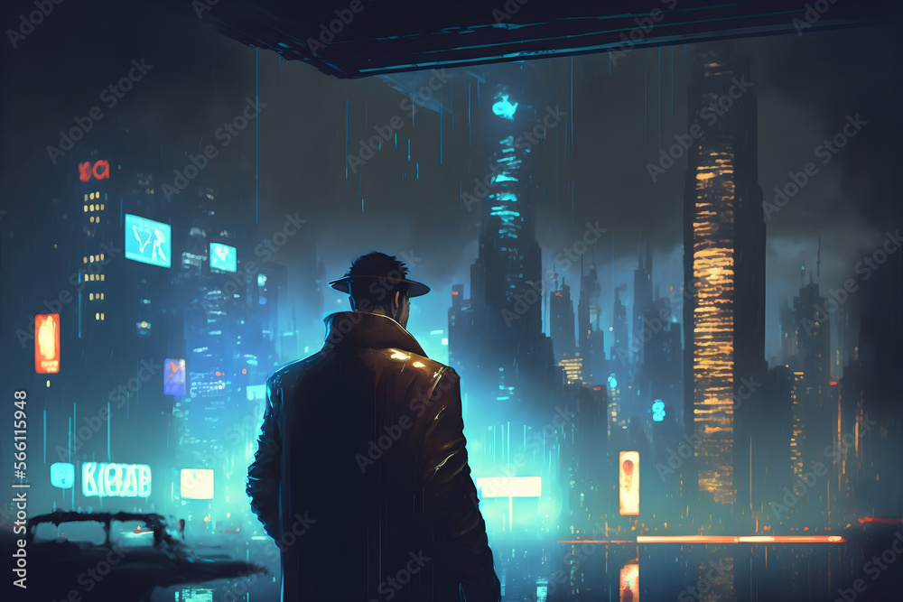 The man with the mechanical arm looking at the megacity at rainy night, digital art style, illustration painting The man with the mechanical arm looking at the megacity at rainy night, digital art style, illustration painting