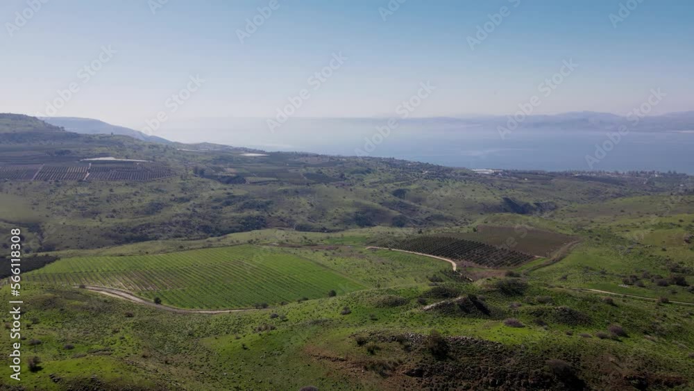 Aerial view of rolling landscape with Sea of Kinneret in background, Israel Aerial view of rolling landscape with Sea of Kinneret in background, Israel