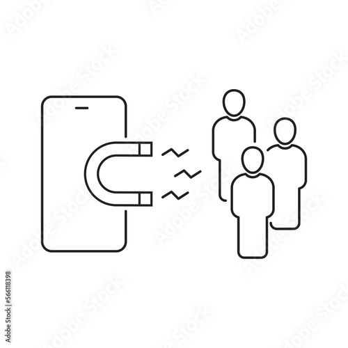 customer brand magnet icon  target strategy  influence social or media  attract user  generate marketing people  awareness in phone  thin line symbol - editable stroke vector illustration