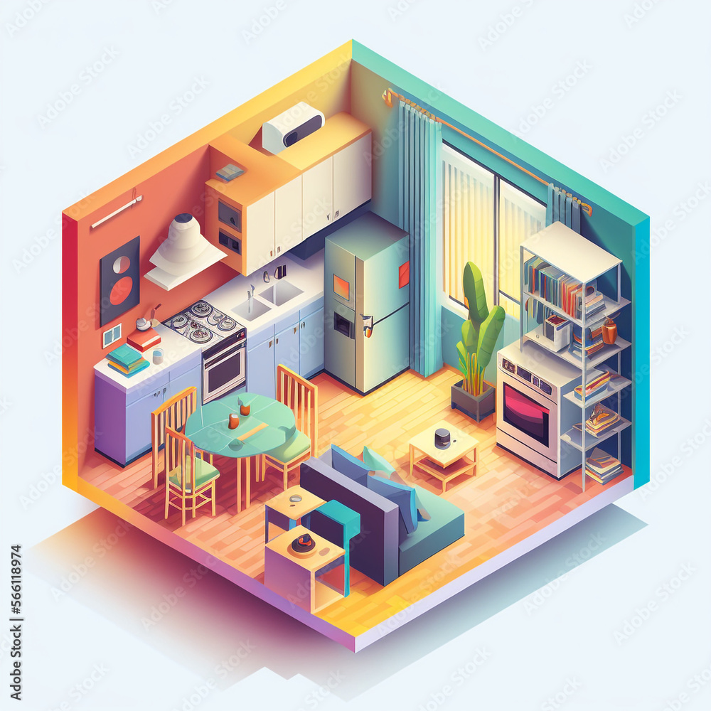 3d rendering Isometric kitchen, cutaway box, low poly style, interior ...
