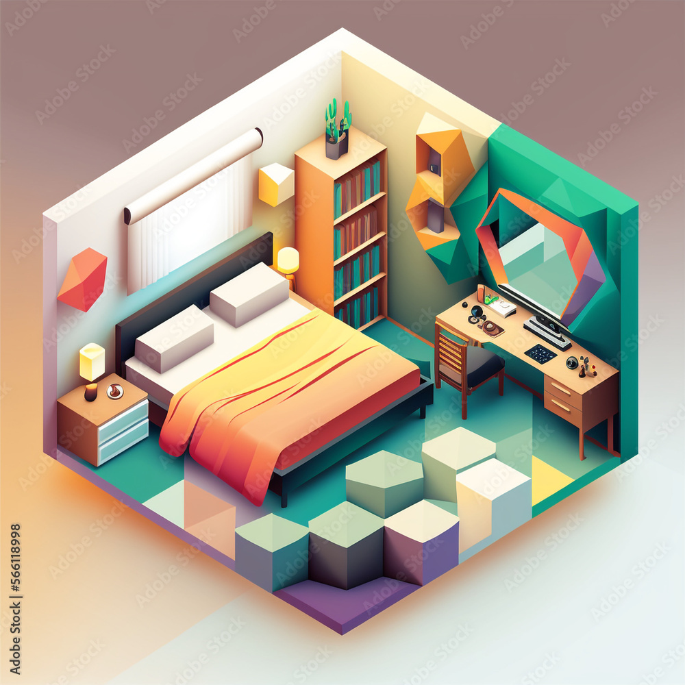 3d rendering Isometric bedroom, cutaway box, low poly style, interior ...