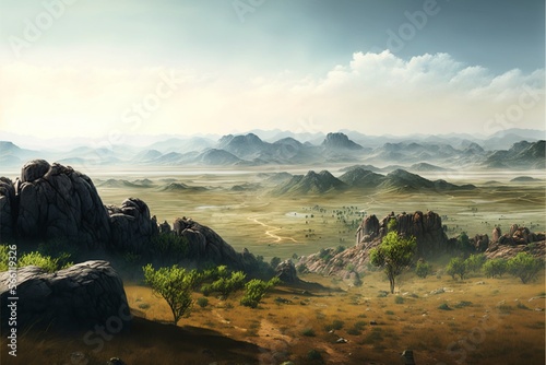 Vast grassland landscape with soft mountains with Generative AI