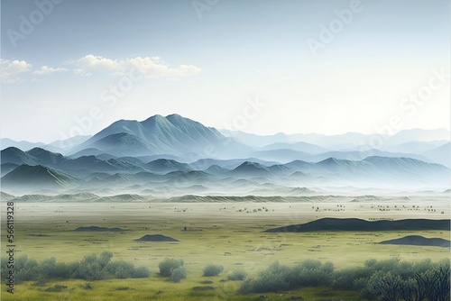 Vast grassland landscape with soft mountains with Generative AI photo
