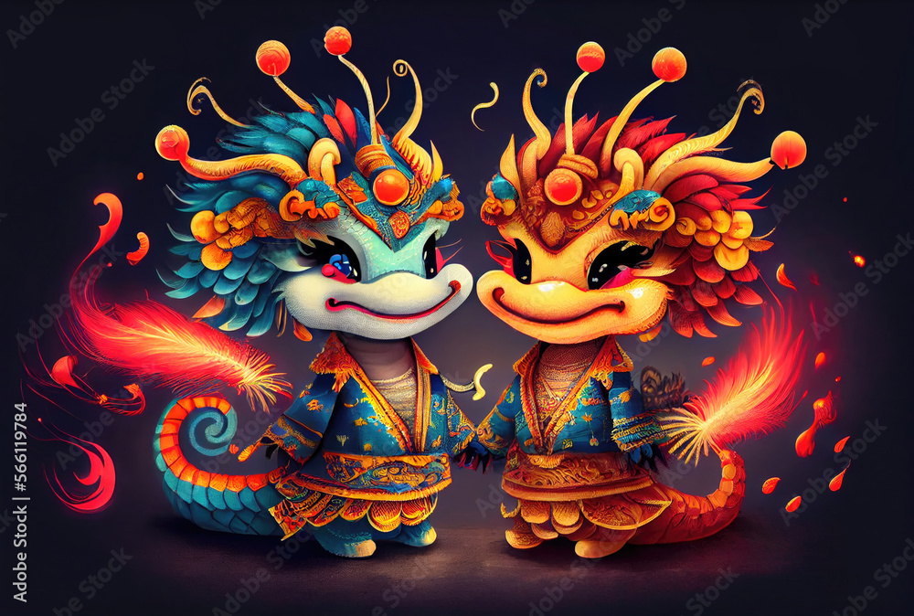 Chinese dragons zodiac with firework and confetti for New Year celebration background. Cartoon style theme. Generative AI