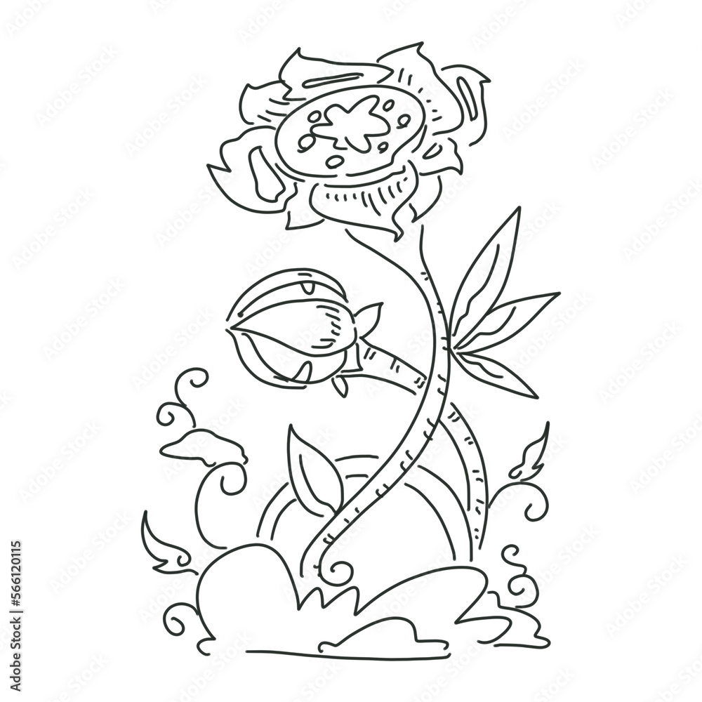Fototapeta premium simple doodle line art flower leaf coloring book 