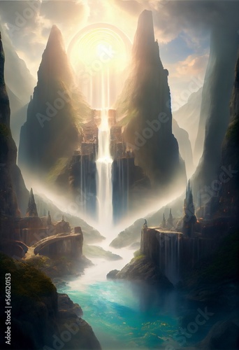 gorge with waterfalls and clouds of radiant light with Generative AI photo