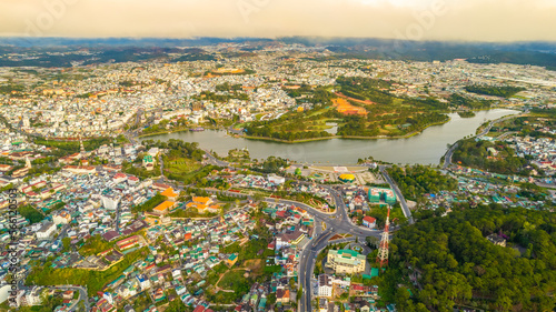 Aerial view of Xuan Huong lake Da Lat city, Vietnam.