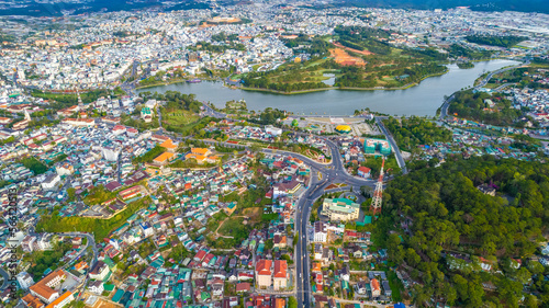 Aerial view of Xuan Huong lake Da Lat city  Vietnam.