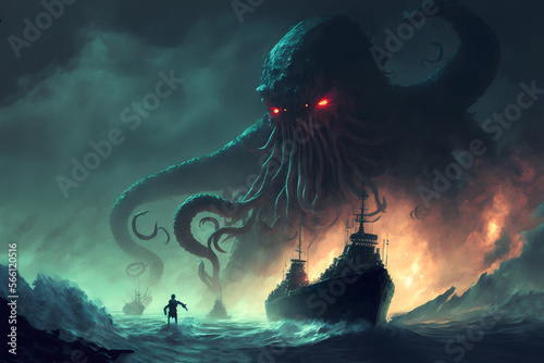 Fototapeta Dark fantasy scene showing Cthulhu the giant sea monster destroying ships, digit