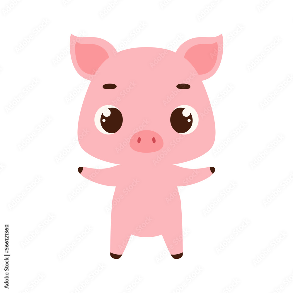 Cute little pig on white background. Cartoon animal character for kids cards, baby shower, invitation, poster, t-shirt composition, house interior. Vector stock illustration Cute little pig on white background. Cartoon animal character for kids cards, baby shower, invitation, poster, t-shirt composition, house interior. Vector stock illustration