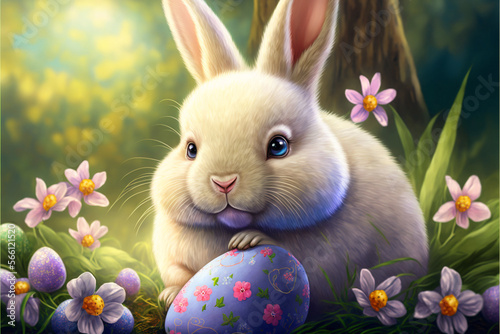 Adorable Bunny With Easter Eggs, generative ai © EnelEva