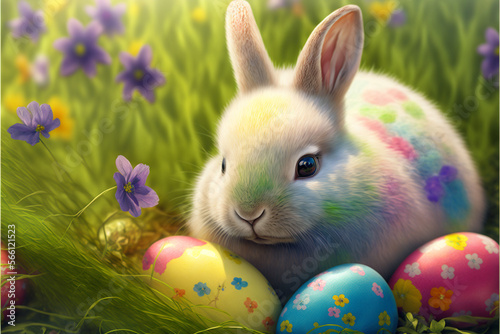 Adorable Bunny With Easter Eggs, generative ai