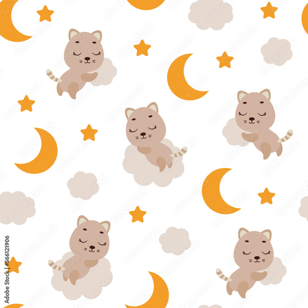 Cute little cat sleeping on cloud seamless childish pattern. Funny cartoon animal character for fabric, wrapping, textile, wallpaper, apparel. Vector illustration