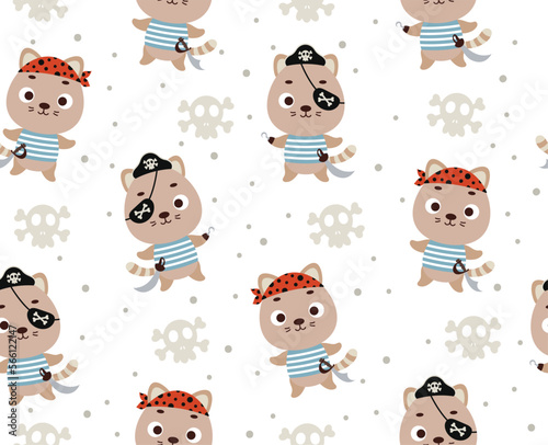 Cute little pirate cat seamless childish pattern. Funny cartoon animal character for fabric, wrapping, textile, wallpaper, apparel. Vector illustration