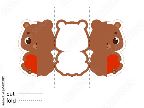 Cute bear hold heart. Fold long greeting card template. Great for St. Valentine day, birthdays, baby showers. Printable color scheme. Print, cut out, fold. Vector stock illustration