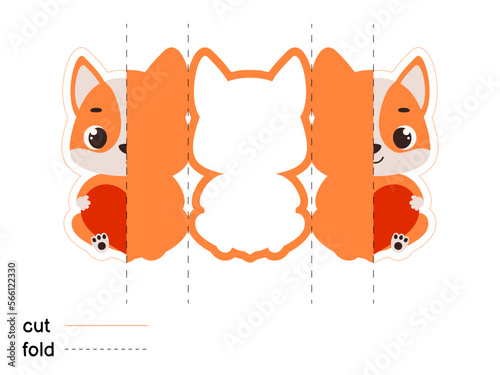 Cute dog hold heart. Fold long greeting card template. Great for St. Valentine day, birthdays, baby showers. Printable color scheme. Print, cut out, fold. Vector stock illustration