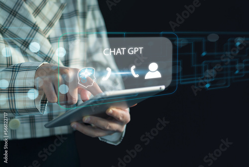 GPT chat technological concept. Businessman pointing finger to chat with AI or Artificial Intelligence. Enter commands and chat with intelligent artificial intelligence. Future technological change.