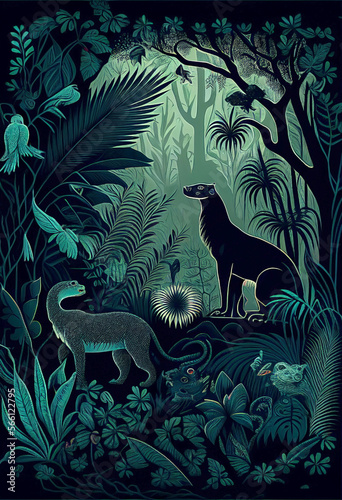 Fototapeta Naklejka Na Ścianę i Meble -  The mysterious depth of the jungle between shadows with wild animals standing in the botanical landscape. Creatures of the nocturnal forest at midnight. Ai generated.