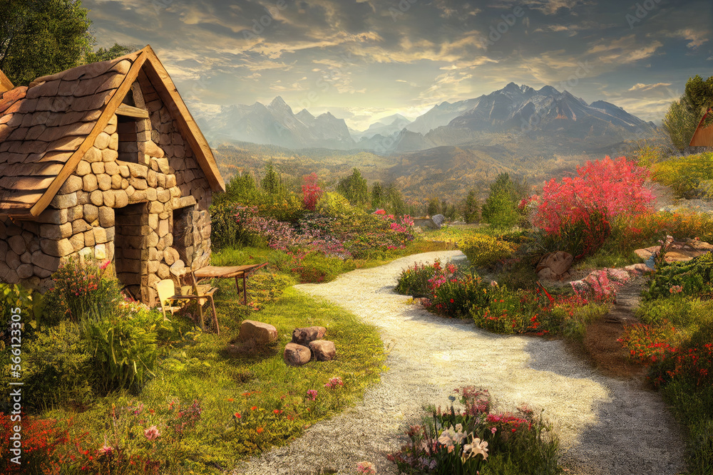 Spring Cottage in Cobblestone Garden with Mountain Views Made with Generative AI