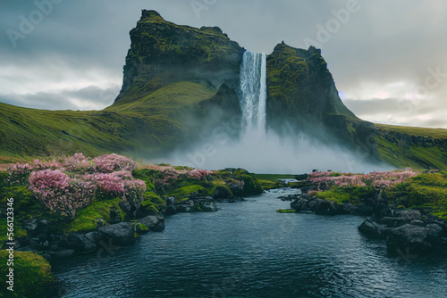 Moody Beautiful Icelandic Waterfall Landscape with Flowers 