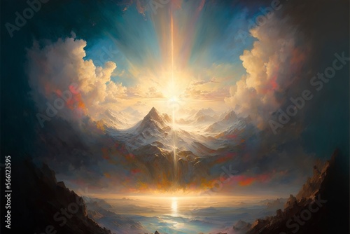 Tablou canvas divine light shining from the sky, with clouds in the sky with Generative AI