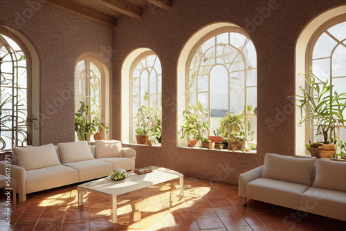 Bright Spanish Style Villa Interior with Arch Windows and Plants Made with Generative AI