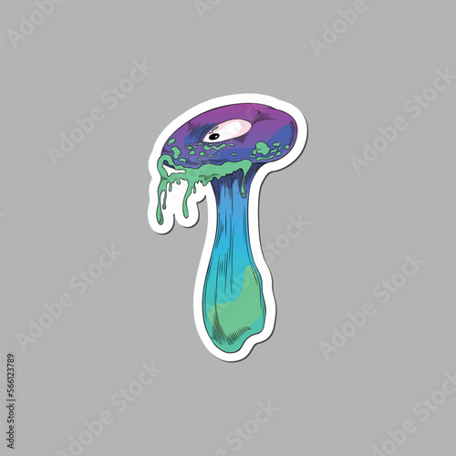 Sticker with toxic psychedelic hallucinogenic monster mushroom, vector isolated.