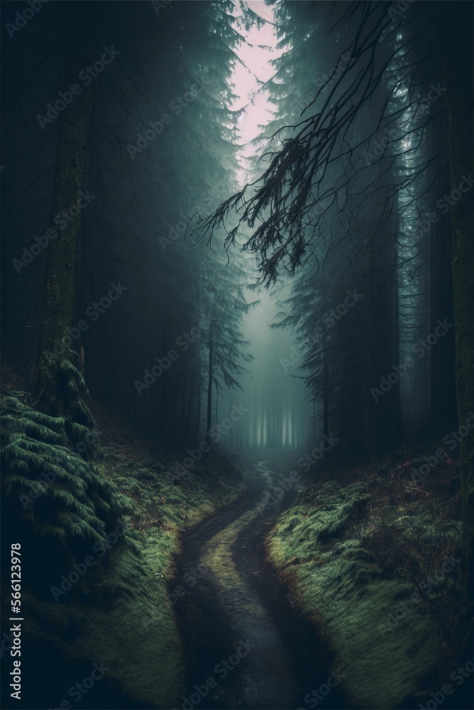 Obraz premium A murky foggy forest, tall trees, overgrown trails stretching endlessly with Generative AI